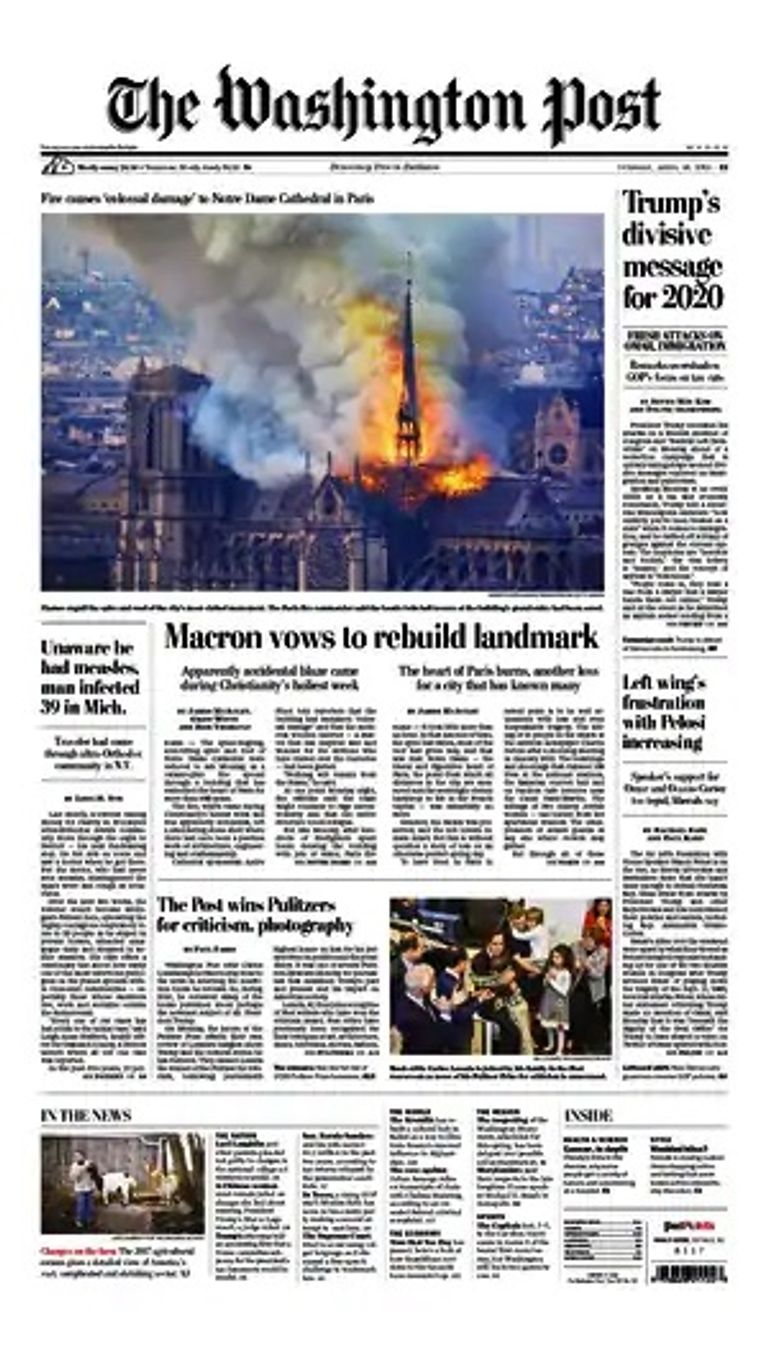 الصحف العالمية كرست صفحاتها الأولى لحريق "نوتردام"