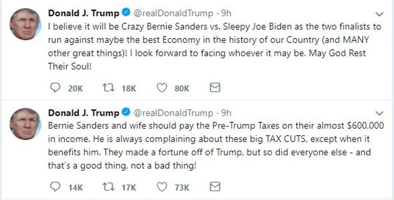 ترامب تنبأ بأنه سينافس ساندرز​ وبايدن في سباق 2020​