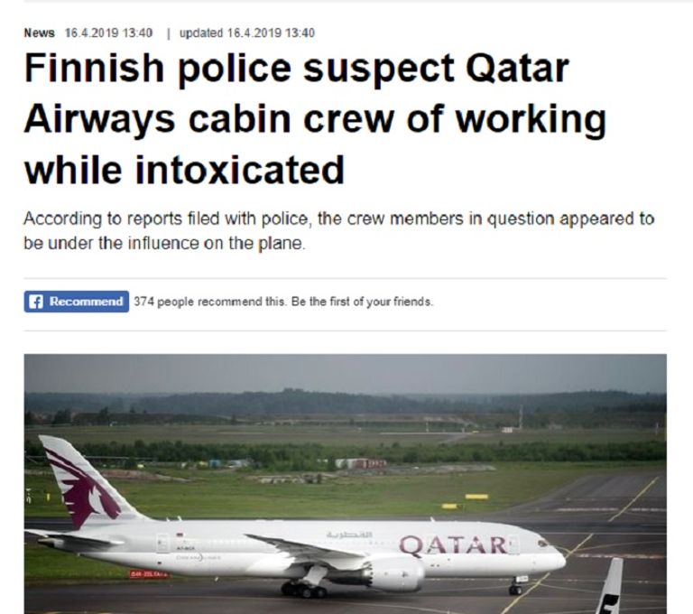 طاقم طائرة قطرية "مخمور" يؤخر رحلة من فنلندا