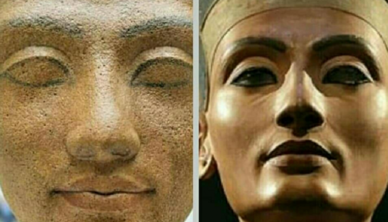 تمثال نفرتيتي في المتحف المصري يساراً وبمتحف برلين يميناً 