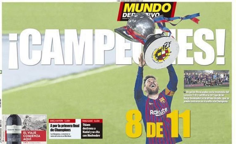 عنوان صحيفة موندو ديبورتيفو الإسبانية احتفال لاعبي برشلونة بلقب الدوري الإسباني