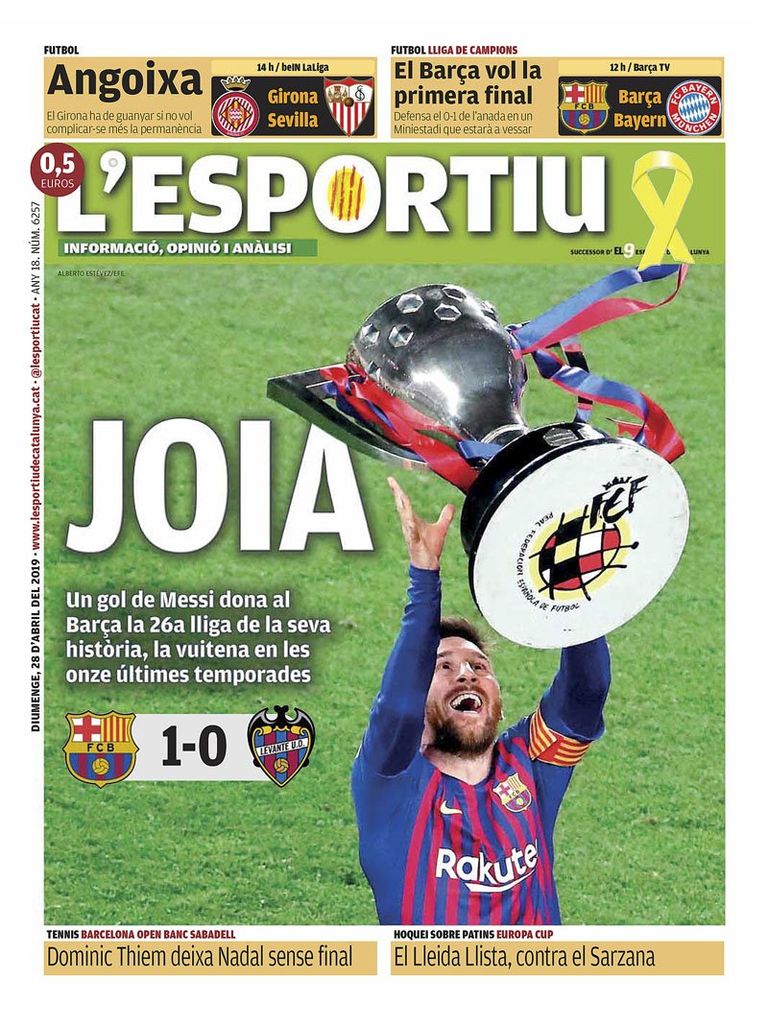 عنوان صحيفة ليسبورتو الإسبانية احتفال لاعبي برشلونة بلقب الدوري الإسباني