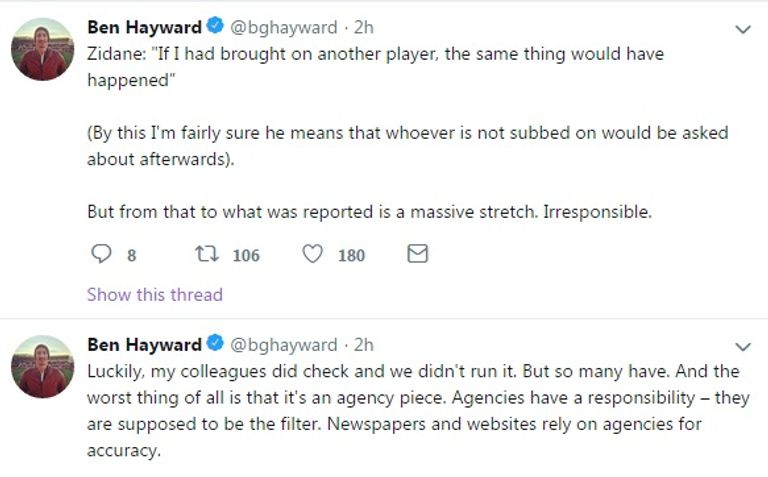 أحد تغريدات المراسل الصحفي جاريث بيل وزين الدين زيدان