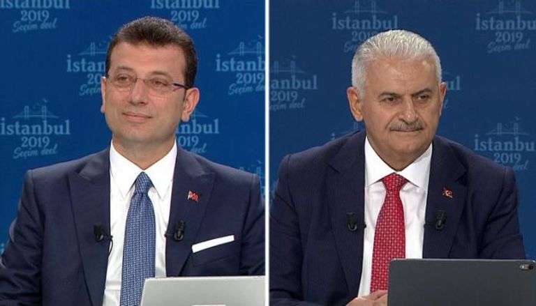 يلدريم مرشح حزب أردوغان وأكرم إمام أوغلو مرشح المعارضة خلال المناظرة