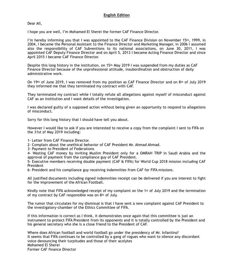 صورة من الخطاب أحمد أحمد رئيس الاتحاد الأفريقي لكرة القدم