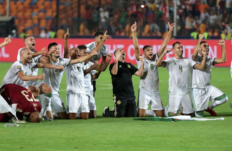 احتفال لاعبي الجزائر مع مع الجماهير في استاد القاهرة الدولي