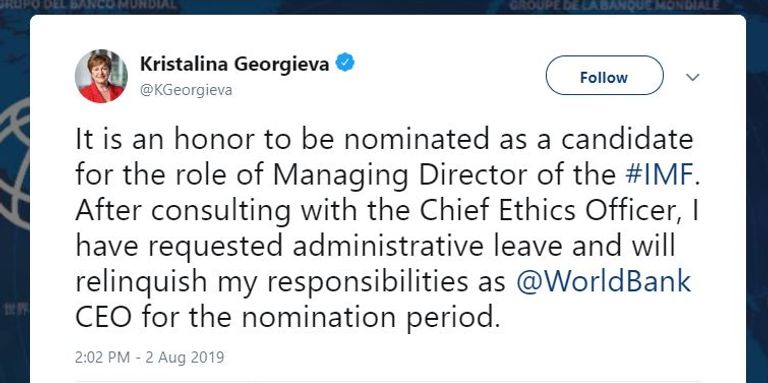 جورجييفا تتخلى عن مسؤولياتها في البنك الدولي خلال فترة الترشح