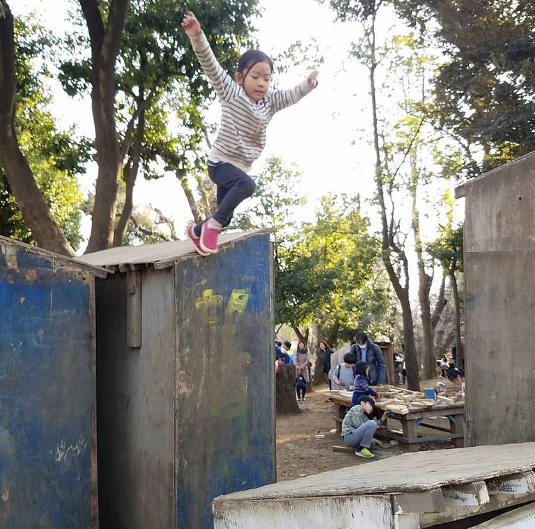 طفل بالحديقة يستخدم مطرقة على لوح خشب