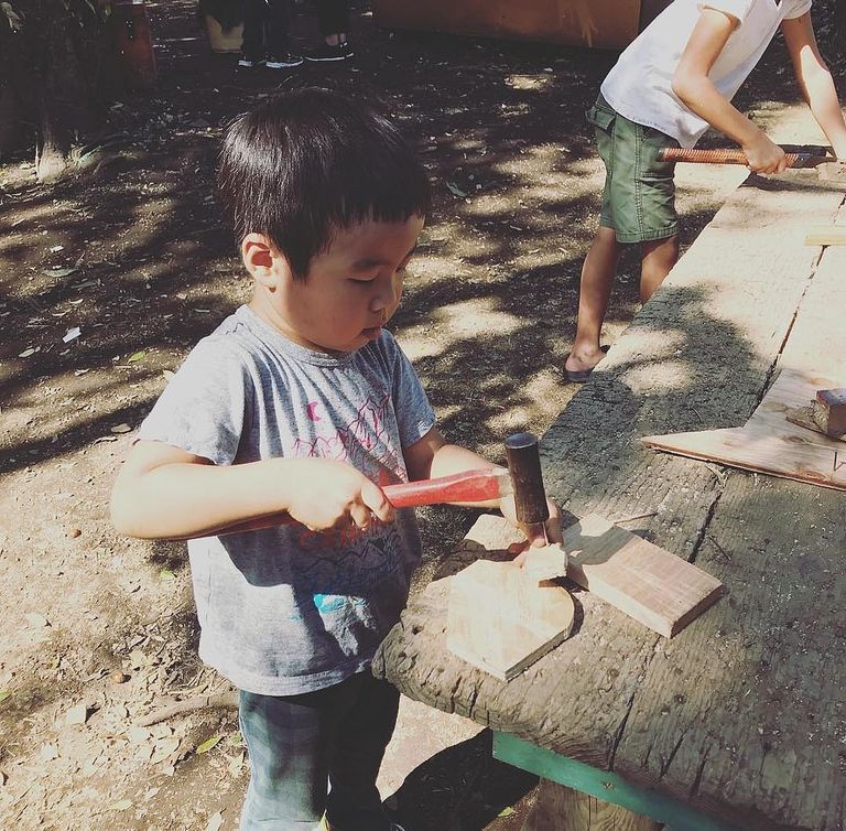 طفل بالحديقة يستخدم مطرقة على لوح خشب