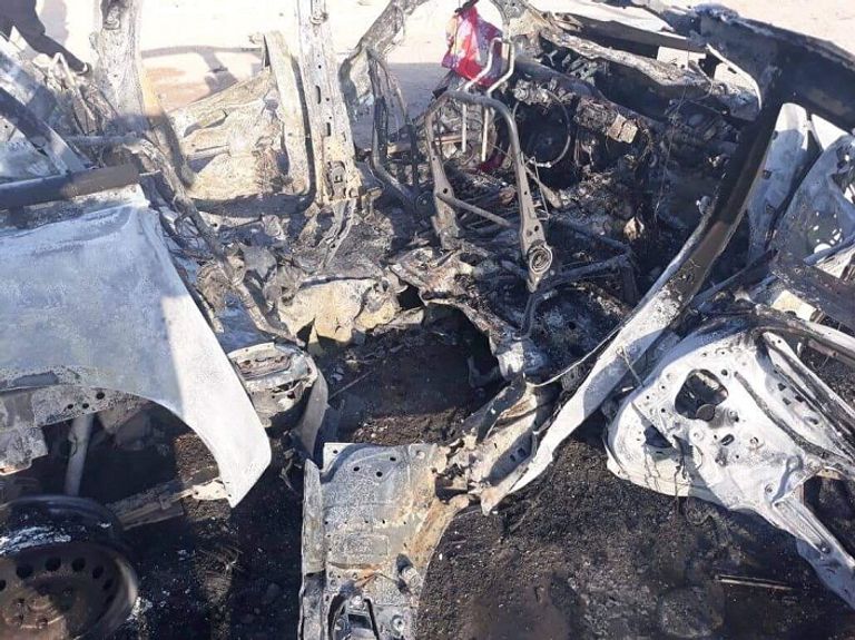 إحدى سيارات الحشد الشعبي التي تم استهدافها