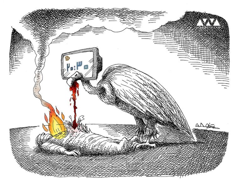 كاريكاتير لنيستاني ينتقد سلوك التلفزيون الإيراني تجاه تغطية وفاة خداياري فرح بهلوي أرملة شاه إيران الأسبق - أرشيفية
