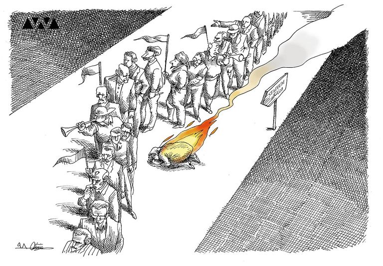 كاريكاتير يهاجم منع النساء من مشاهدة المباريات الرياضية على غرار الرجال فرح بهلوي أرملة شاه إيران الأسبق - أرشيفية