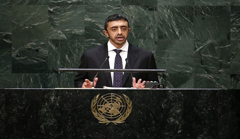 الشيخ عبدالله بن زايد آل نهيان خلال إلقائه كلمة سابقة أمام الأمم المتحدة الشيخ عبدالله بن زايد آل نهيان وزير الخارجية والتعاون الدولي الإماراتي