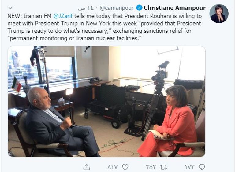 تغريدة كبيرة مراسلي شبكة سي إن إن الأمريكية دونالد ترامب وحسن روحاني- أرشيفية