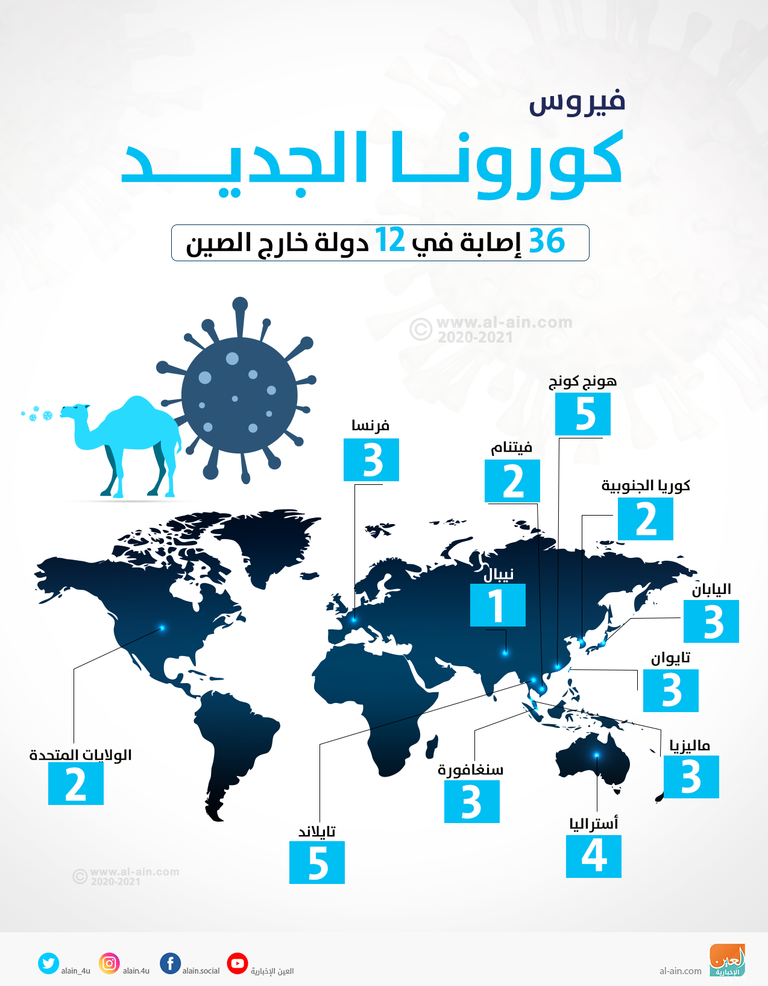 كورونا الجديد.. 36 إصابة في 12 دولة خارج الصين