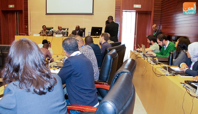 جانب من المؤتمر الصحفي بمقر الاتحاد الأفريقي في أديس أبابا