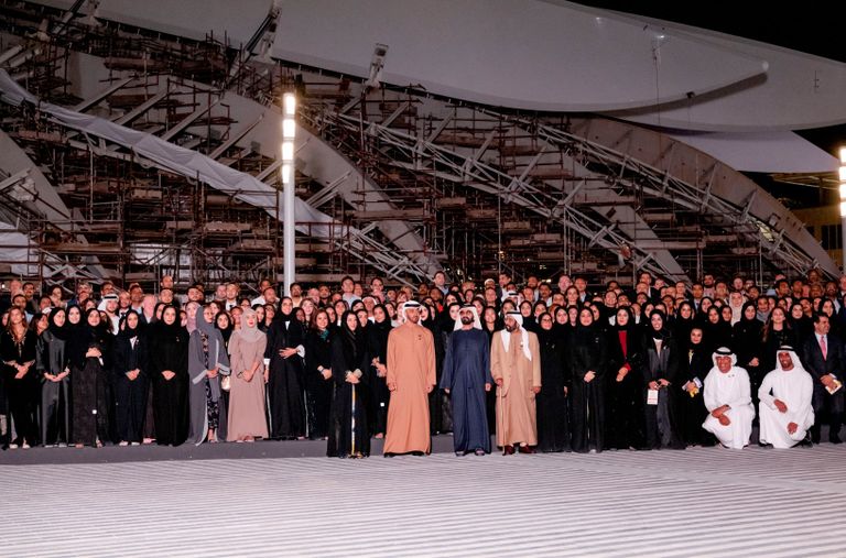 الشيخ محمد بن راشد والشيخ محمد بن زايد أثناء افتتاح ساحة الوصل