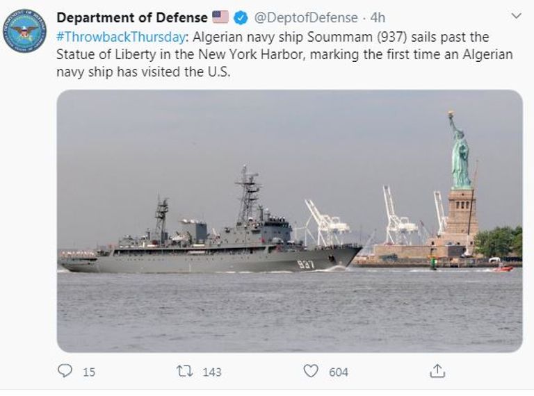 تغريدة وزارة الدفاع الأمريكية جانب من استقبال الرئيس الجزائري لوزير الدفاع الأمريكي