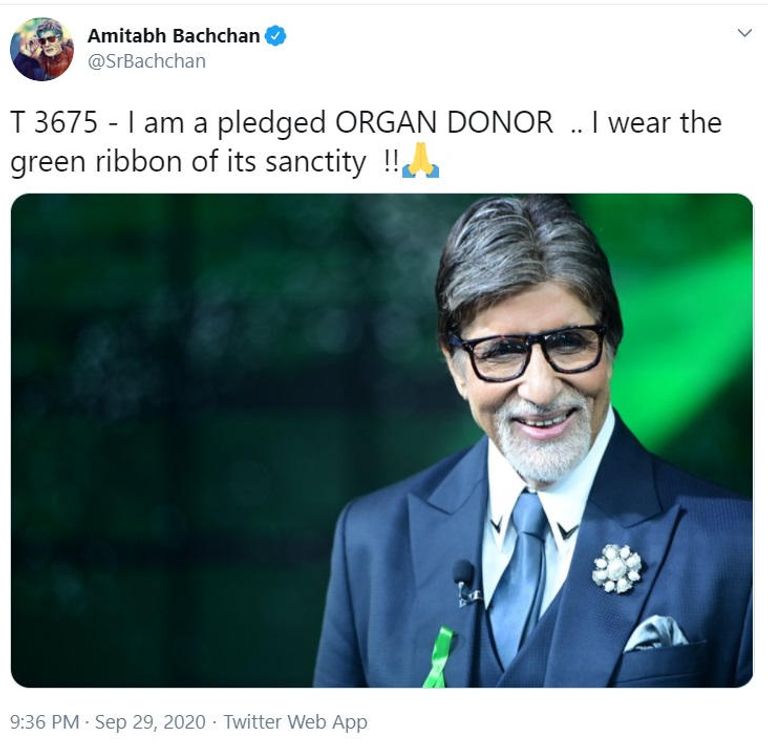 تغريدة الممثل الهندي الشهير أميتاب باتشان عبر تويتر عن تبرعه بأعضائه