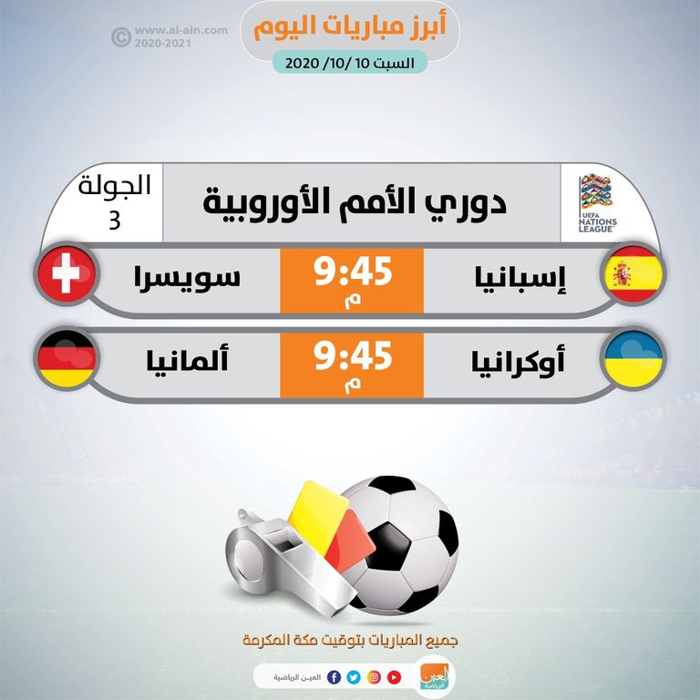 أبرز مباريات اليوم السبت الموافق 10 أكتوبر 2020