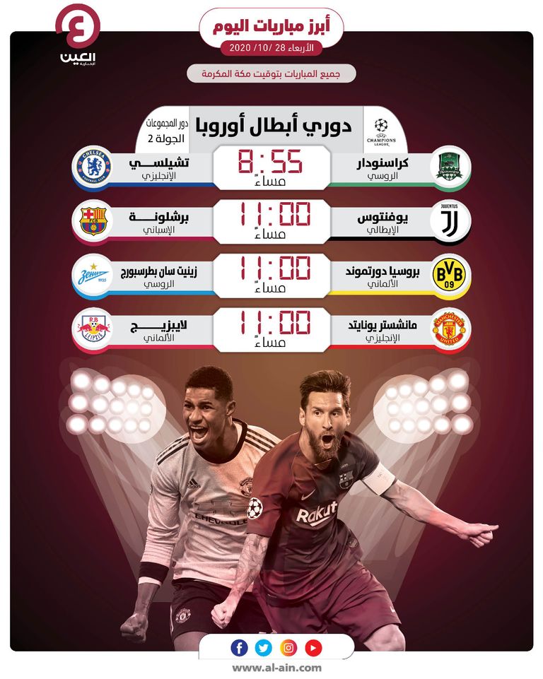 مباريات اليوم الأربعاء 28 أكتوبر
