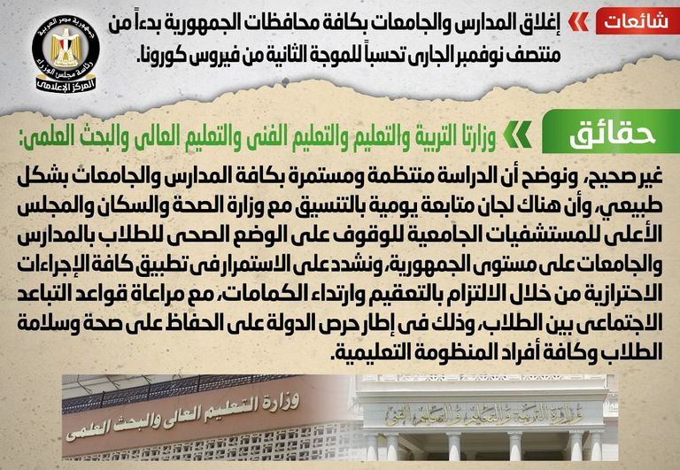 رد الحكومة المصرية عن شائعة وقف العام الدراسي الجديد 2020-2021 بسبب الموجة الثانية من فيروس كورونا