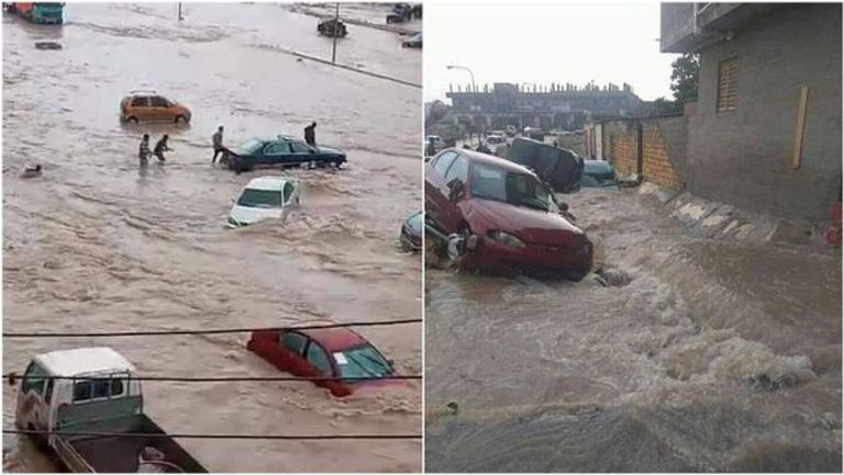 سيارة غارقة في الأمطار بالبيضاء شرقي ليبيا 