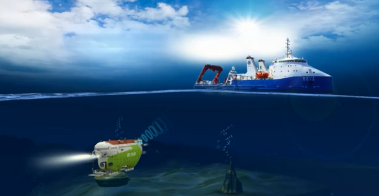 الغواصة الصينية لحظة إسقاطها في الماء لبدء المهمة