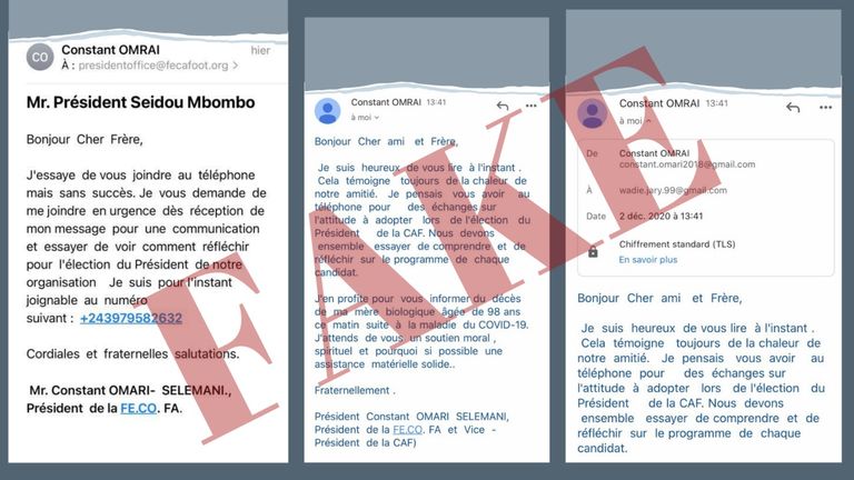 صورة نشرها الكاف عبر موقعه الرسمي توضح رسائل مزيفة يتم إرسالها باسم رئيسه