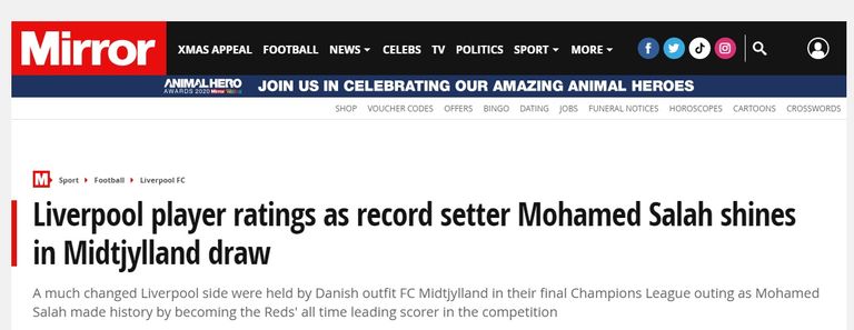 صحيفة ميرور محمد صلاح بقميص ليفربول