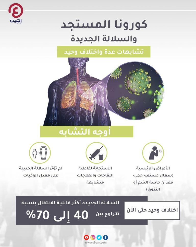 إنفوجراف "العين الإخبارية" يوضح أوجه التشابه والاختلاف بين كوفيد-19 وسلالة فيروس كورونا الجديدة كورونا المستجد والسلالة الجديدة.. تشابهات عدة واختلاف وحيد