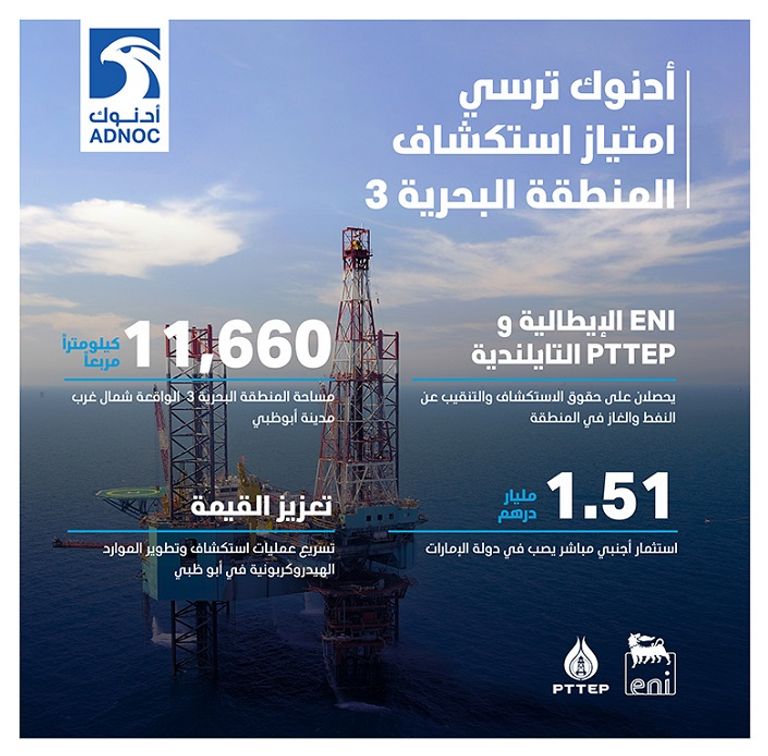 اتفاقية بين "أدنوك" وتحالف بقيادة "إيني" و"PTTEP" لاستكشاف النفط والغاز