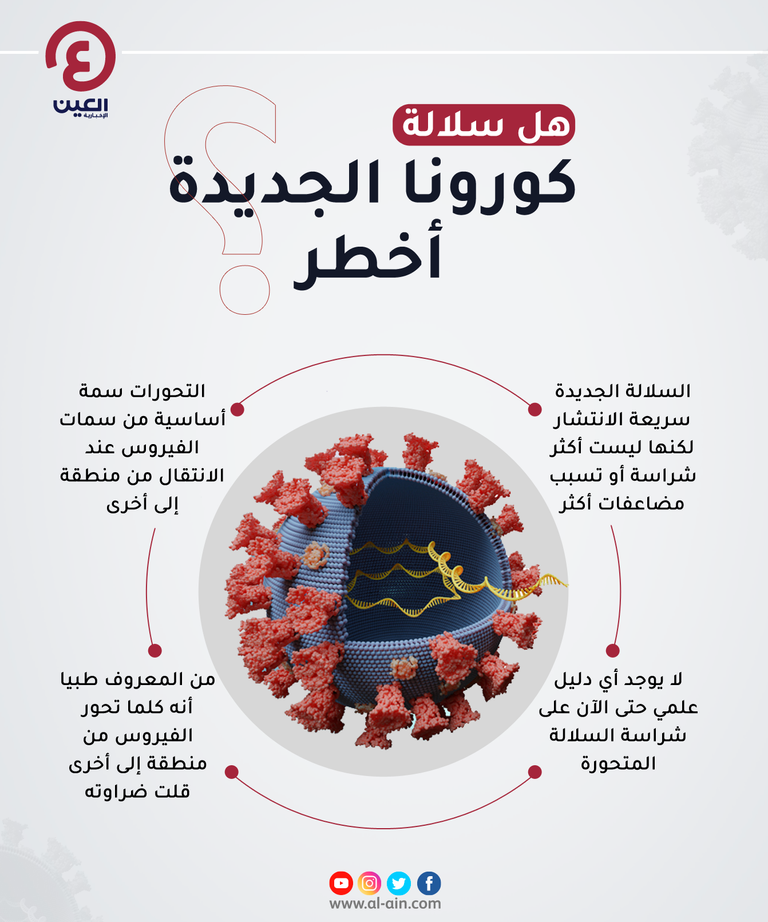 إنفوجراف "العين الإخبارية" يرصد مختصر الإجابات على أهم الأسئلة عن سلالة كورونا الجديدة هل السلالة الجديدة من كورونا أخطر؟