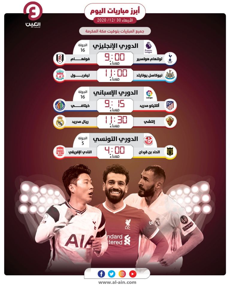 جدول مباريات اليوم الأربعاء 30 ديسمبر 2020