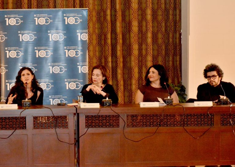 الفنانون المشاركون خلال المؤتمر الصحفي الجامعة الأمريكية في القاهرة - أرشيفية