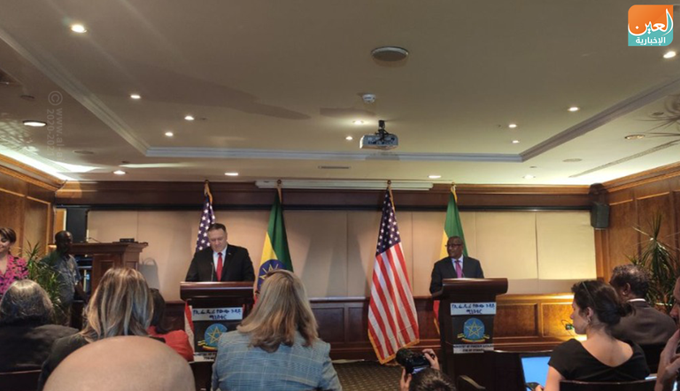 وزير الخارجية الإثيوبي غدو اندرجاتشاو، في مؤتمر صحفي مشترك بإثيوبيا، مع نظيره الأمريكي مايك بومبيو وزير الخارجية الأمريكي مايك بومبيو ونظيره الإثيوبي غدو اندرجاتشاو