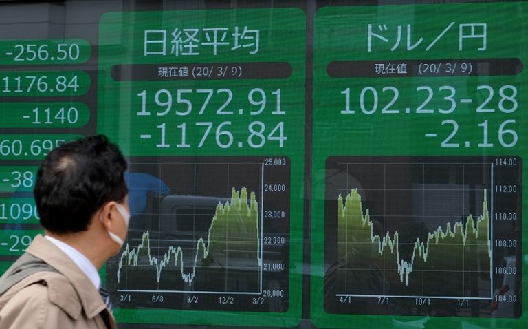 امرأة ترتدي قناعًا تتخطى لوحة إلكترونية تعرض مؤشر الأسهم الآسيوي