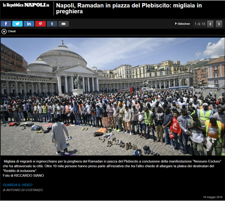 صورة ملتقطة من الشاشة في 9 مارس 2020 عن موقع La Republica Napoli.it سيدة تتجول في شوارع إيطاليا مرتدية كمامة خشية كورونا