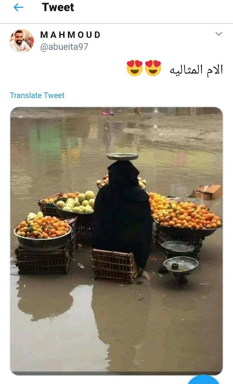 مسنة تبيع الفاكهة وسط هطول الأمطار بمصر