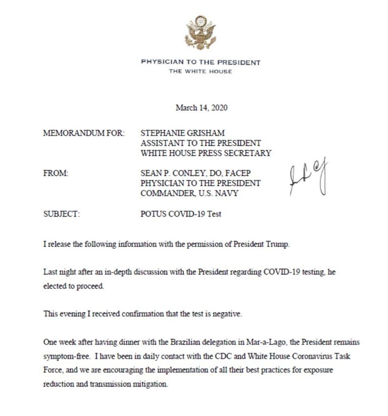 صورة من خطاب طبيب البيت الأبيض الذي يؤكد سلبية إصابة ترامب بكورونا جانب من المؤتمر الصحفي للرئيس الأمريكي دونالد ترامب