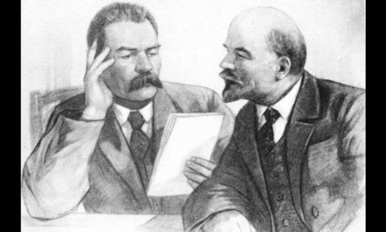 رسم يصور فلاديميير لينين قائد الثورة البلشفية مع مكسيم جوركي مكسيم جوركي