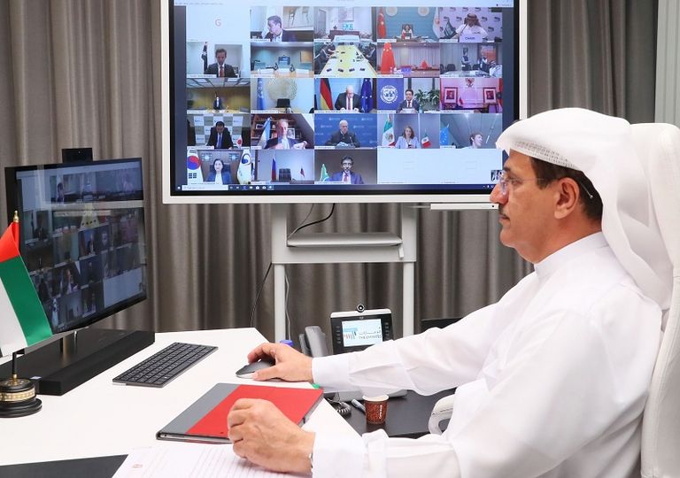 شارك المنصوري ممثلا لدولة الإمارات في الاجتماع الاستثنائي لمجموعة الـ20 للتجارة والاستثمار على المستوى الوزاري، الذي عقد افتراضيا عبر الاتصال المرئي وزير الاقتصاد الإماراتي خلال مشاركته في الاجتماع الاستثنائي