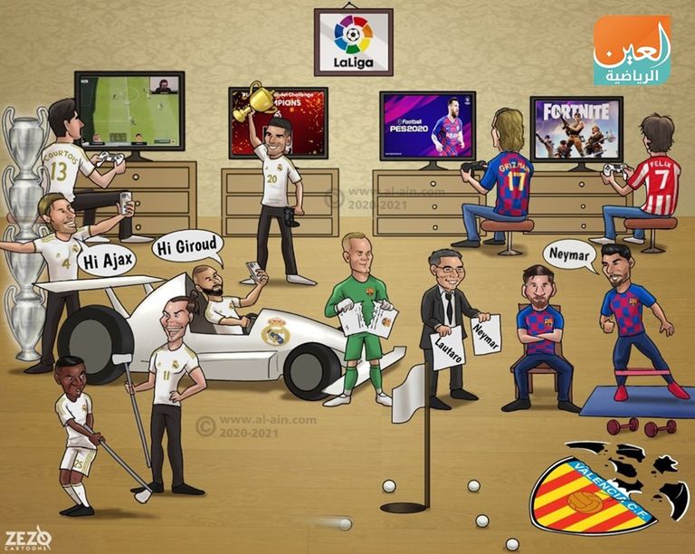 كاريكاتير العين الرياضية يرصد حال نجوم الدوري الإسباني خلال فترة التوقف بسبب فيروس كورونا ليونيل ميسي