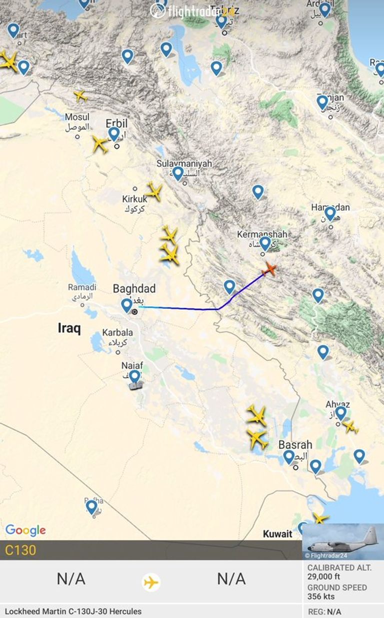 صورة لمسار الطائرة العسكرية بأجواء إيران
