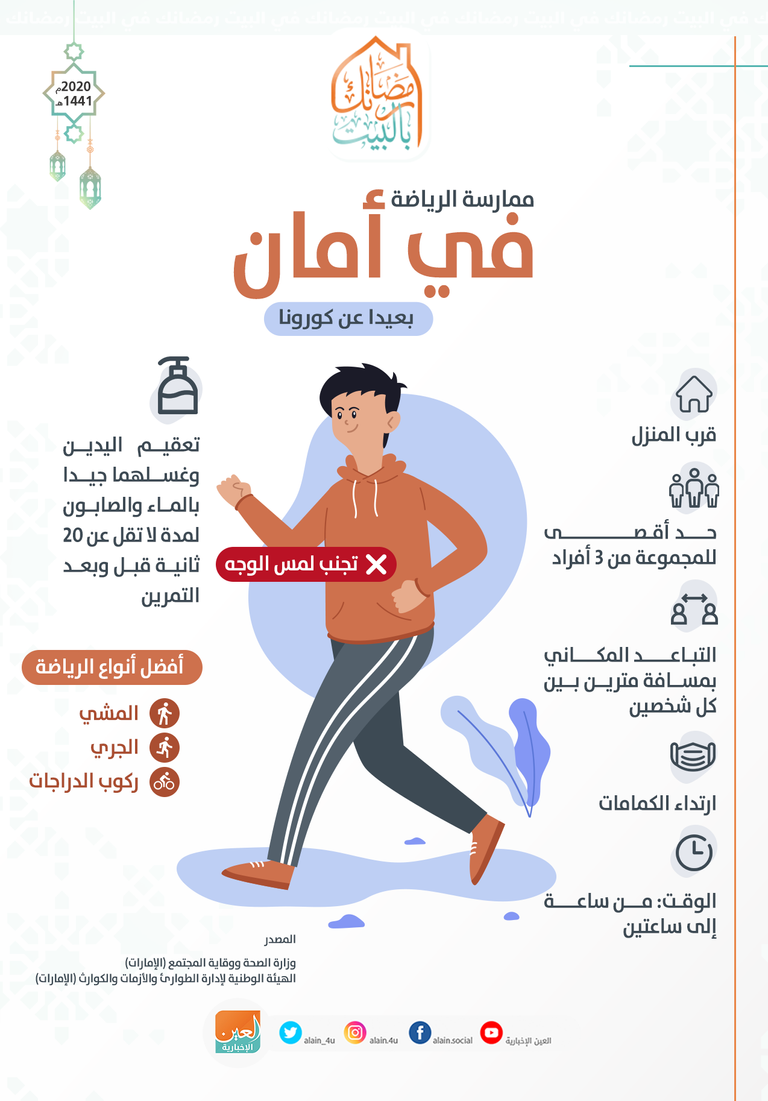 إنفوجراف العين الإخبارية يقدم عدة نصائح لممارسة الرياضة في أمان بعيدا عن كورونا ارتداء الكمامات من نصائح ممارسة الرياضة في أمان