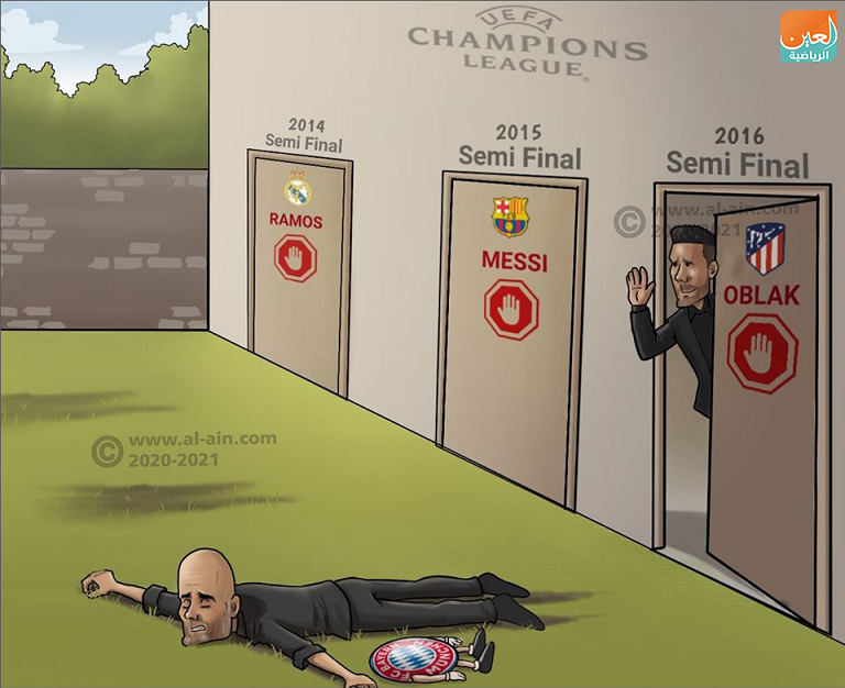 كاريكاتير للعين الرياضية يلقي الضوء على ترسيخ أتلتيكو مدريد العقدة الإسبانية لبايرن جوارديولا بيب جوارديولا مع بايرن ميونيخ أمام أتلتيكو