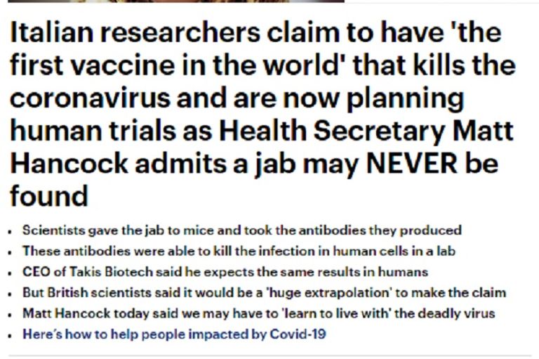 إيطاليا تخطط لتجارب بشرية بلقاح واعد - ديلي ميل