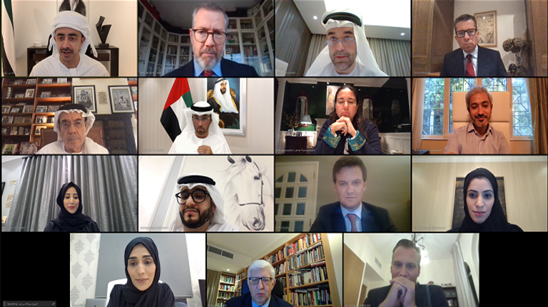 اجتماع أكاديمية الدبلوماسية الإماراتية عبر تقنية الفيديو الشيخ عبدالله بن زايد آل نهيان وزير الخارجية والتعاون الدولي الإماراتي- أرشيفية