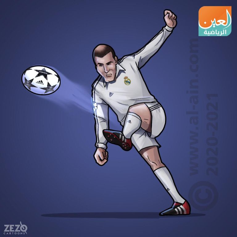 كاريكاتير للعين الرياضية يستعرض لحظة تسجيل زيدان هدفه أمام باير ليفركوزن