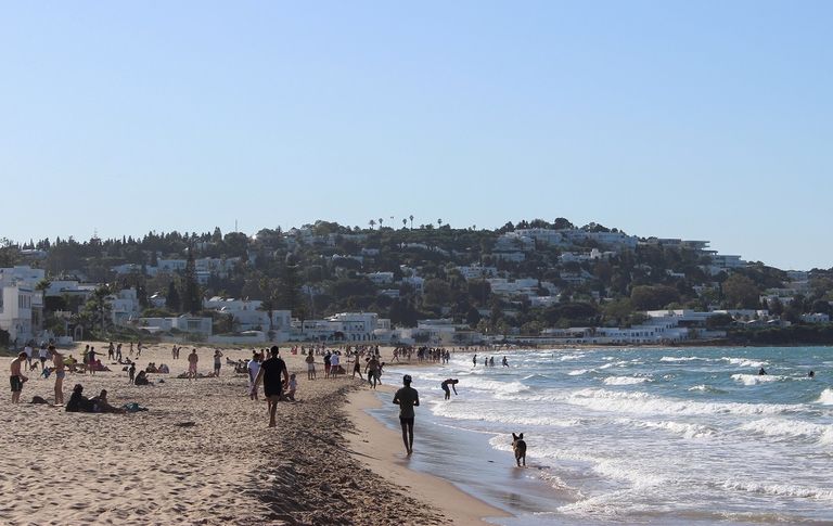 تونسية ترتدي كمامة وتشير بعلامة النصر